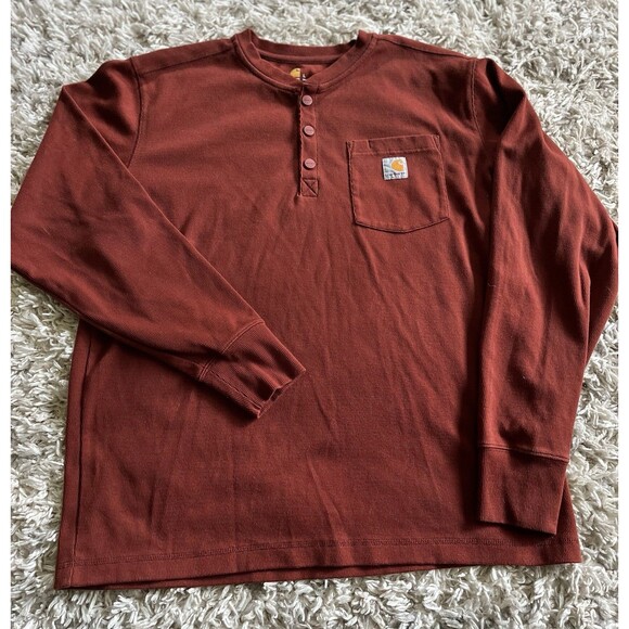 Carhartt Mens Henley Shirt XL Crew Buttons Long Sleeve Workwear Rusty Red/Orange - Picture 2 of 6